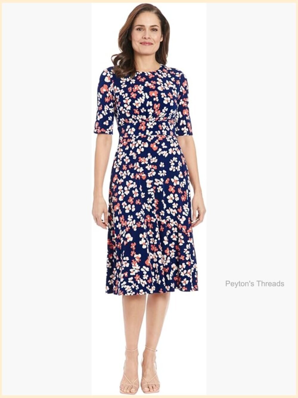 Women's Inset Waist Midi Short Sleeve Dress Fit & Flare Jewel Neck Zipper